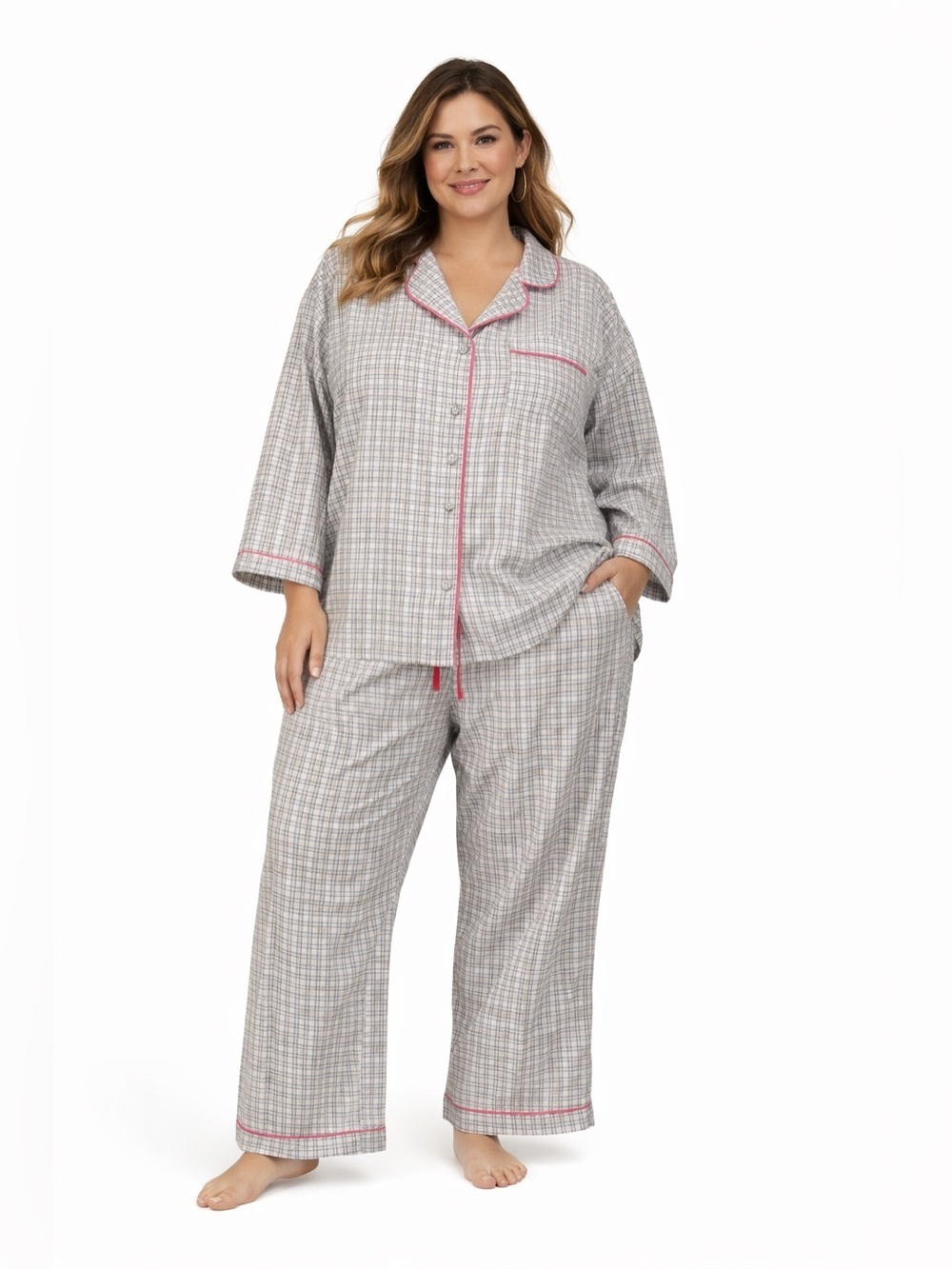 Bed Head Pajama Set 2pc Womens Sz 2X Plus Organic Cotton Plaid Button Pink Gray
